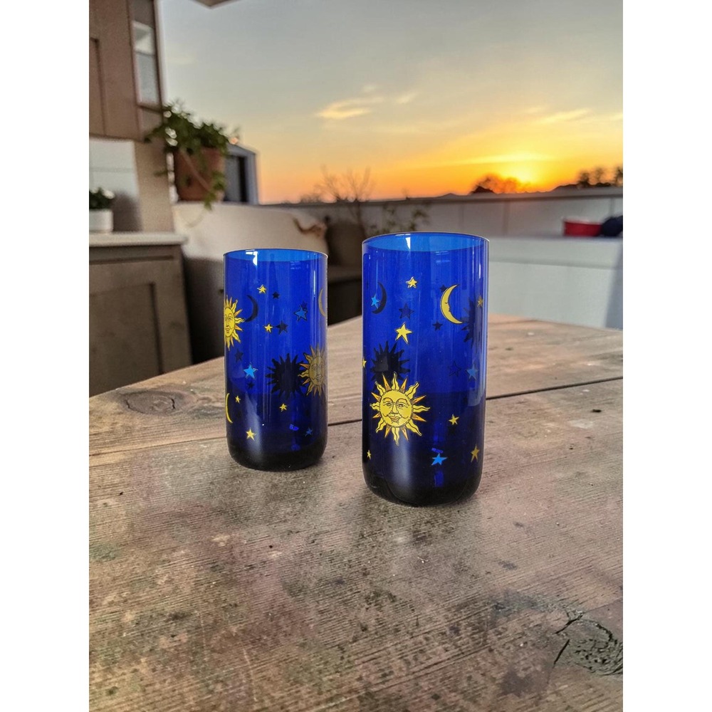 Set of 2 - Vintage Libbey Celestial Highball Glass Cobalt Blue Tumblers